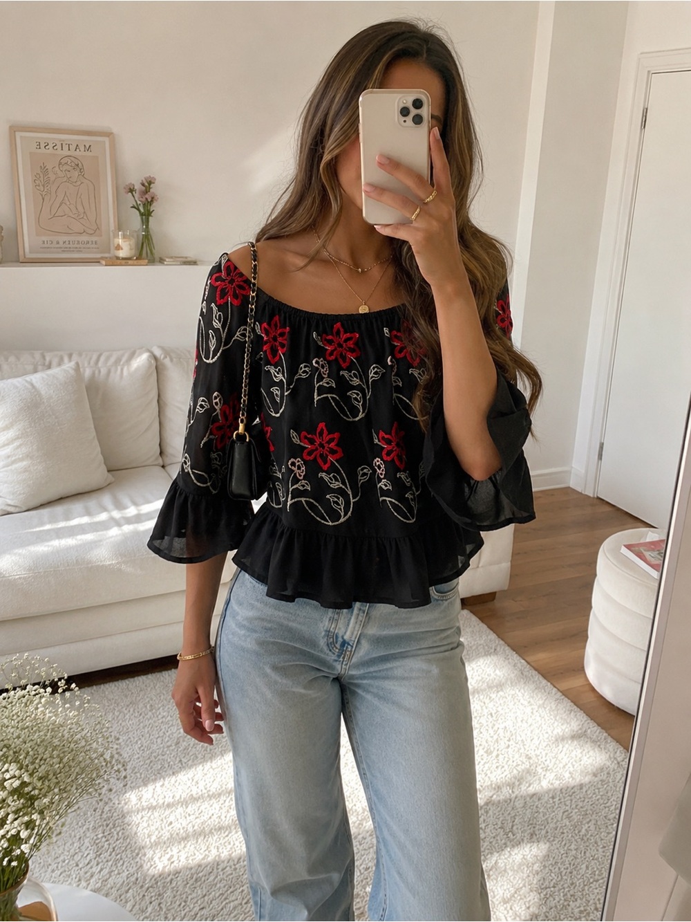 Candie's Black Off-Shoulder Peplum Blouse with Red and Cream Floral Embroidery - Picture 2 of 4